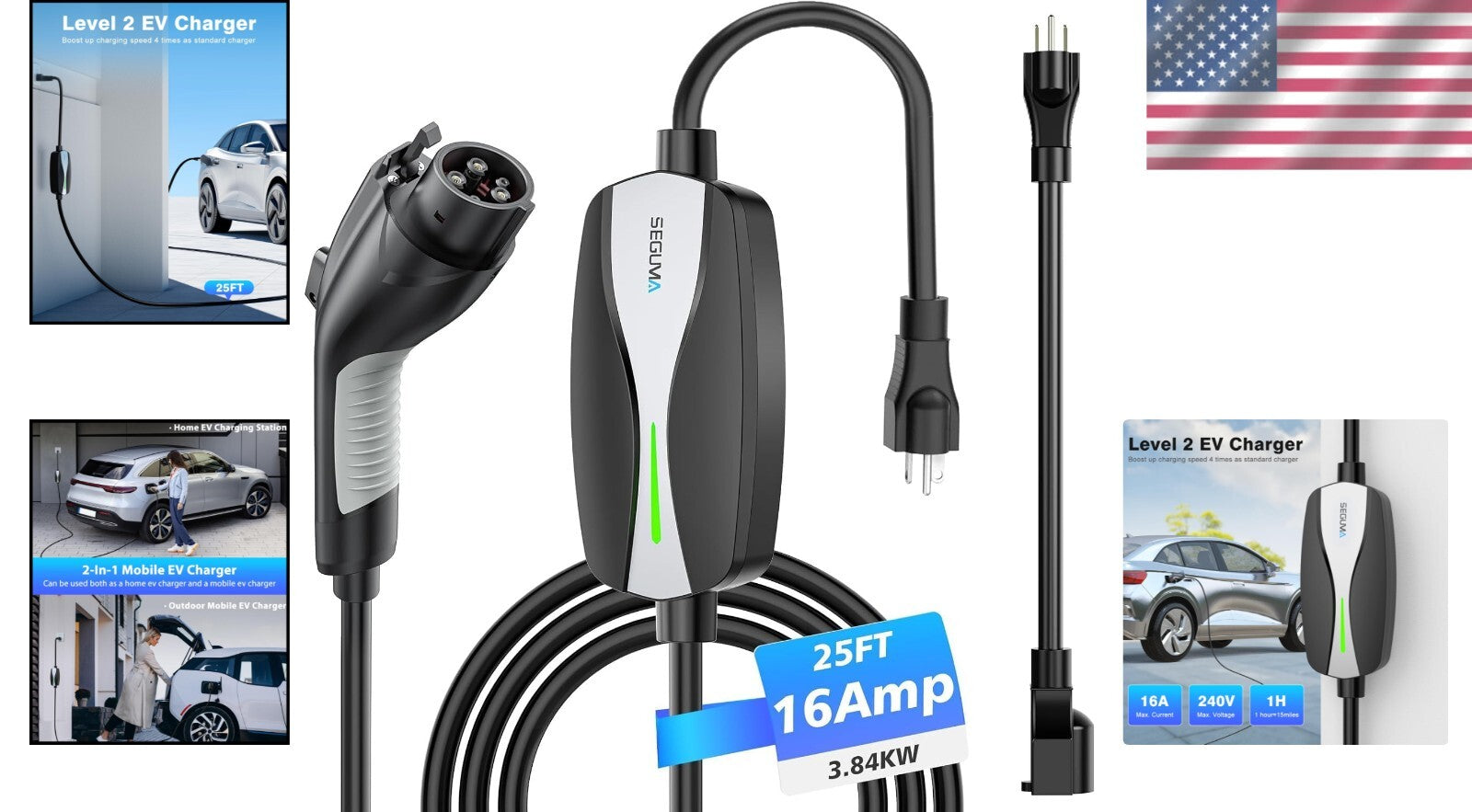 Fast Charging 16A EV Charger, 25FT NEMA 6-20 Plug for Universal Compatibility