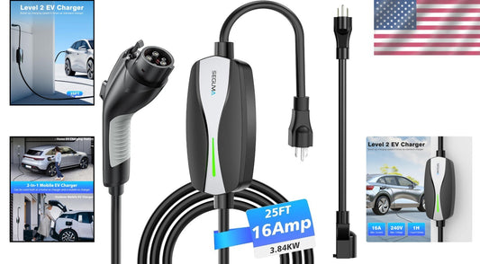 Fast Charging 16A EV Charger, 25FT NEMA 6-20 Plug for Universal Compatibility