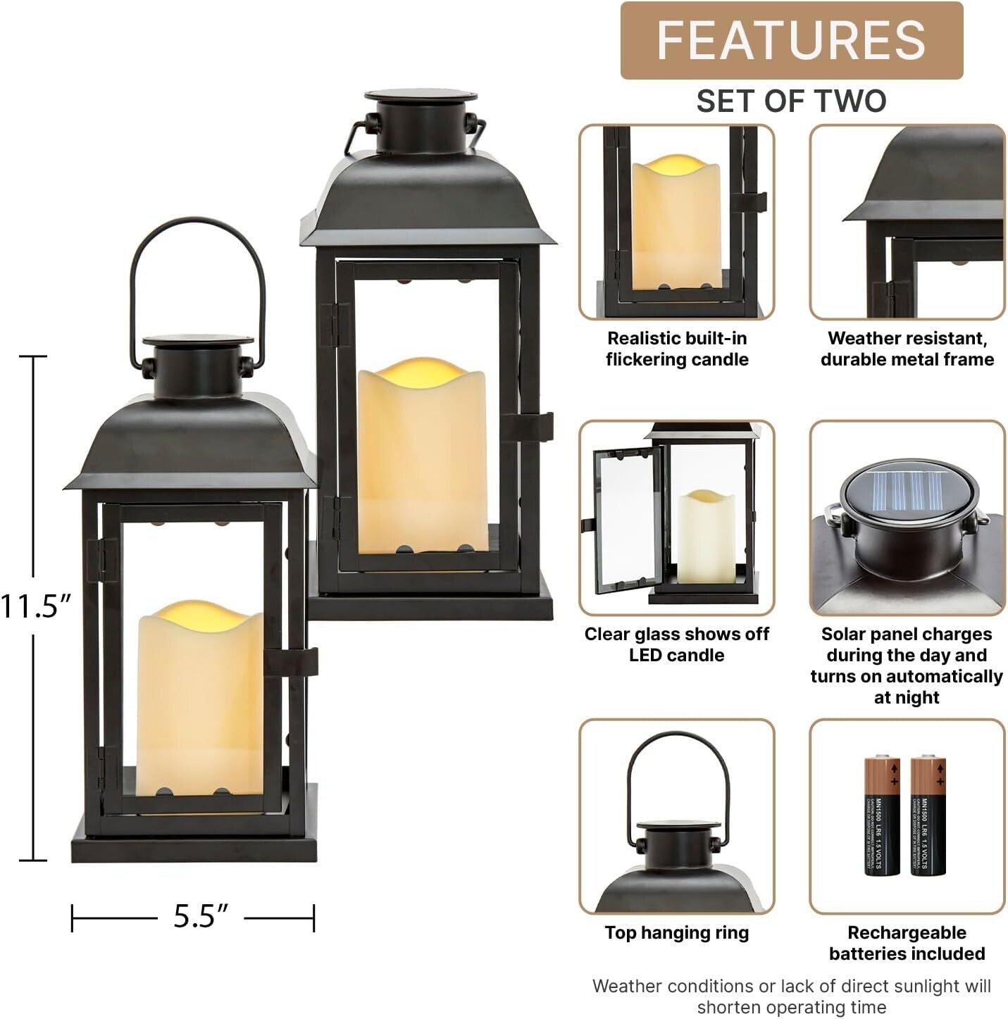 Modern 11 Inch Tall Solar Lantern Set with Stylish Black Metal and Glass Design