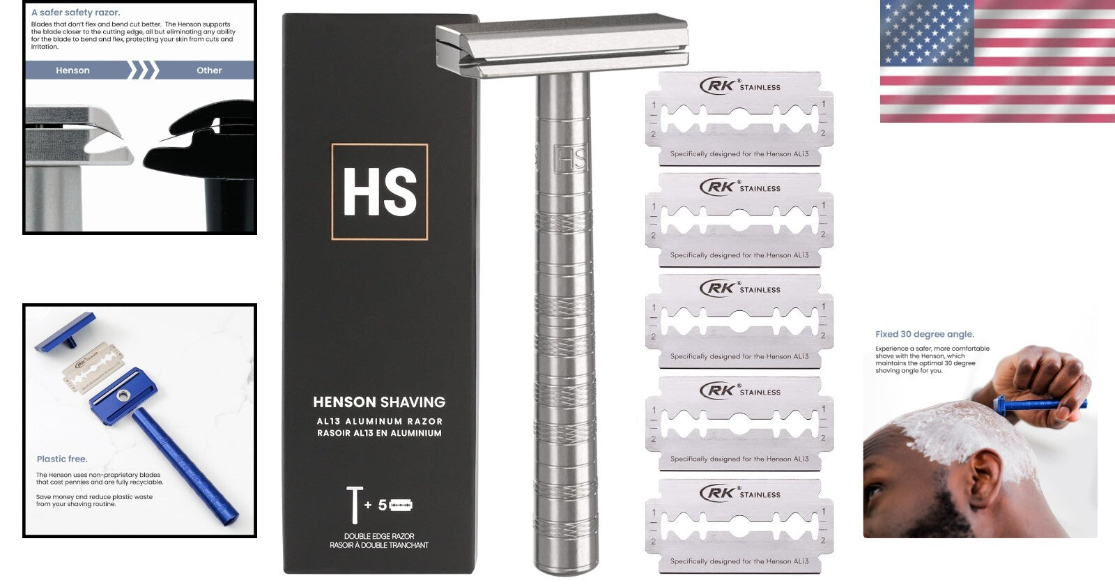 Aluminum Double Edge Safety Razor with 5 Spare Blades - Gentle Precision Shave