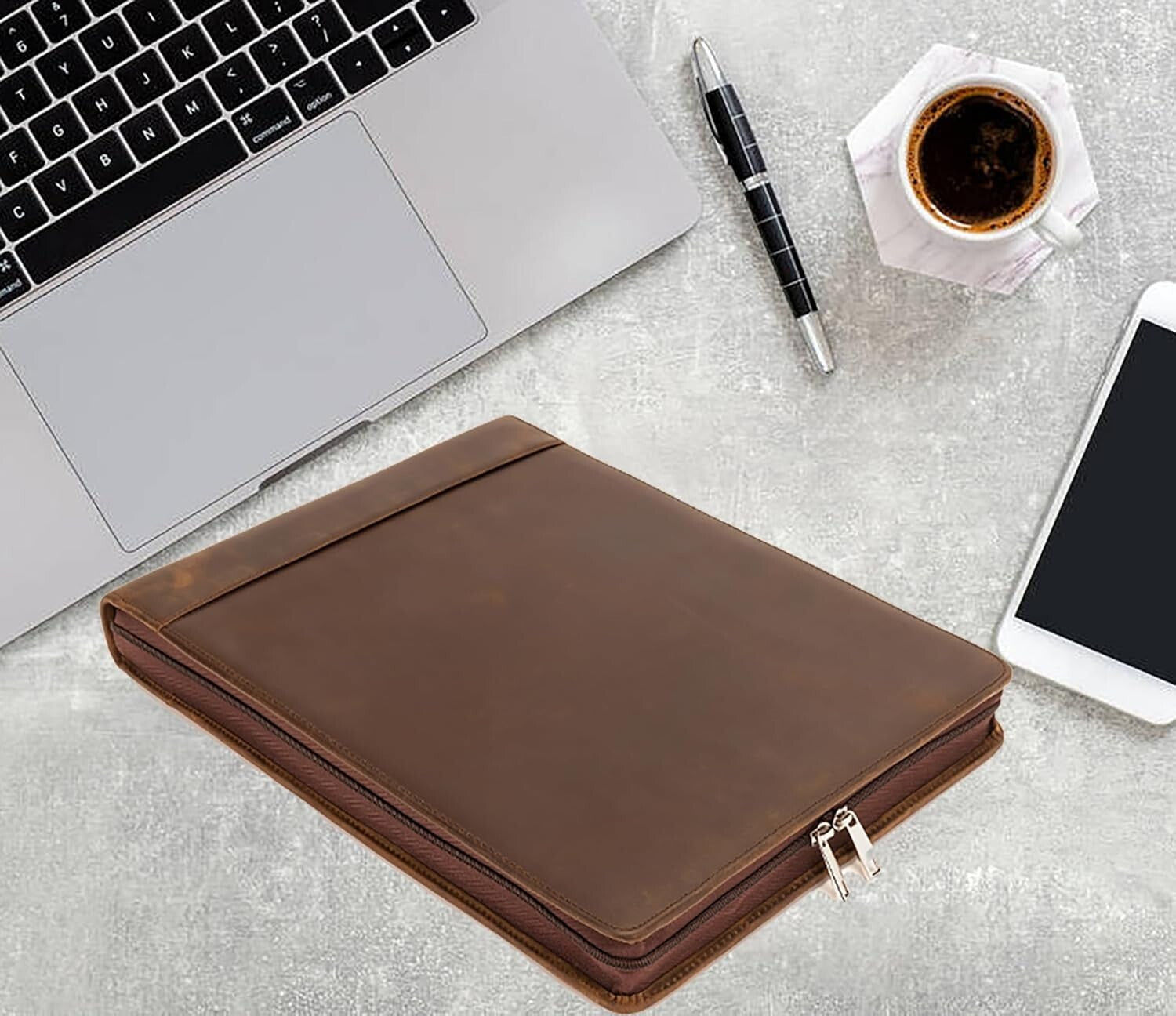 Stylish Zippered Checkbook Binder for Business Checks - Leather 7 Ring System