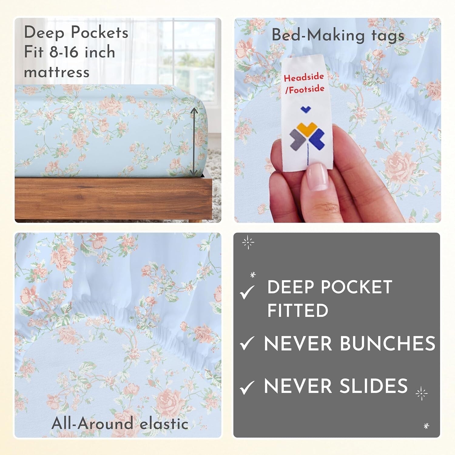 4-Piece Floral Pattern King Sheets Set - 400 Thread Count, Premium Sateen Fabric