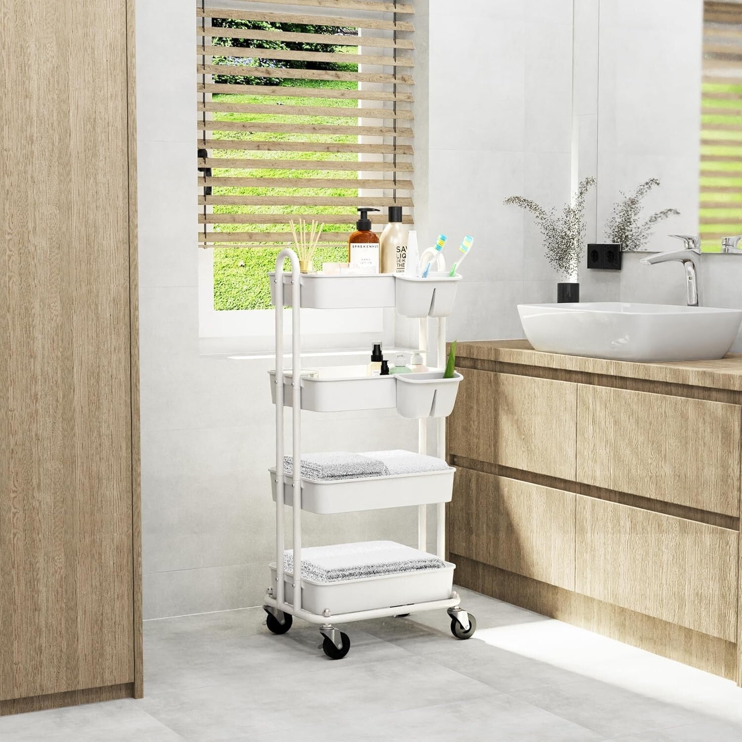 4-Tier Rolling Utility Cart with Hanging Buckets for Stylish Organization