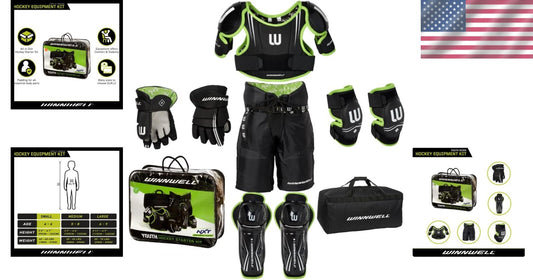 Youth Cleansport NXT Hockey Gear Set: Includes Pads, Gloves & Bag - Black/Green