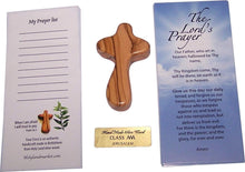 Load image into Gallery viewer, 2.5 Inch Olive Wood Crosses with Certificates &amp; Lord Prayer Cards - 25 Pack