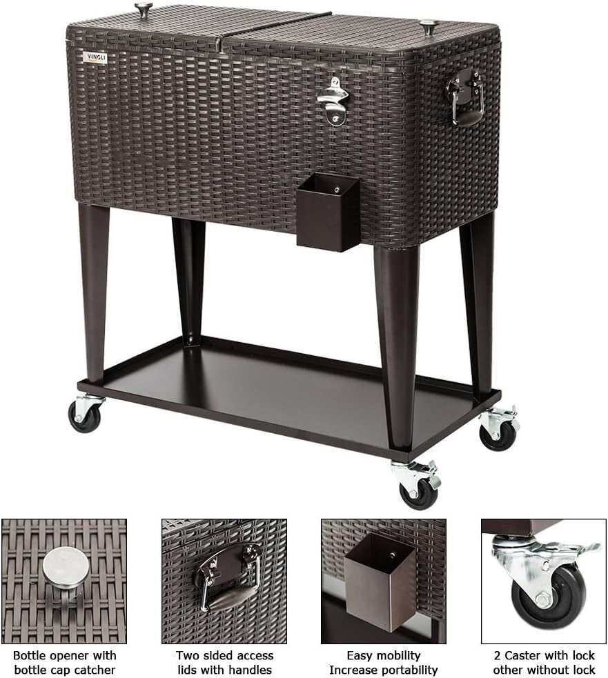 80 Quart Rolling Ice Chest Cooler Cart - Elegant Rattan Design for Patio Parties