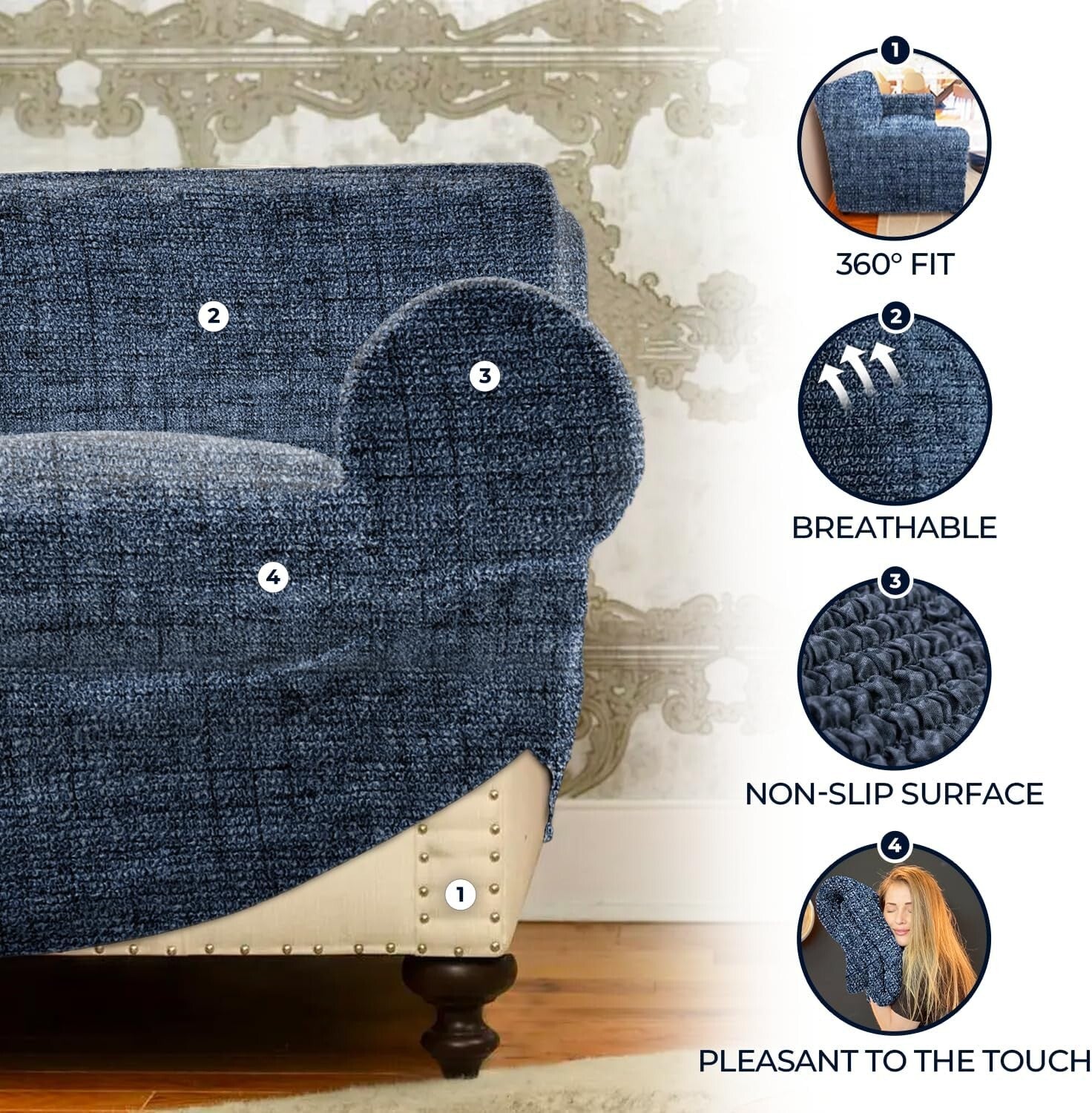 Vittoria Blue Stretch Armchair Slipcover – Soft, Washable Furniture Protector