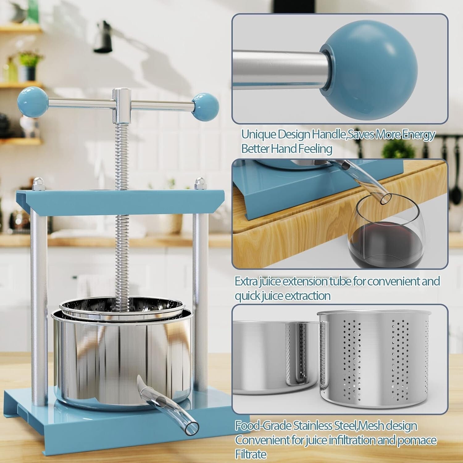 Blue Manual Juice Press, 2L Stainless Steel & Iron - Effortless Fruit Extractor