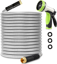 Load image into Gallery viewer, Professional Garden Hose 100ft - Rust-Proof Stainless Steel &amp; 10-Pattern Nozzle