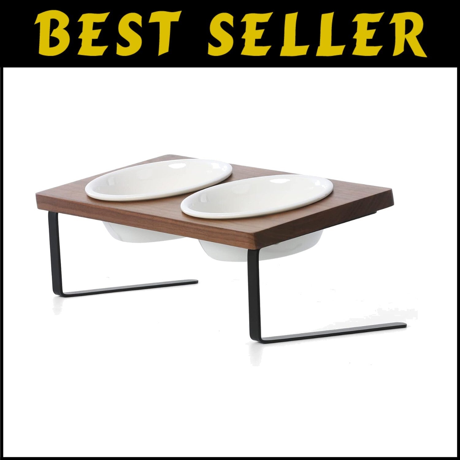 No-Mess Elevated Ceramic Bowls for Cats and Small Dogs - Natural Walnut Stand