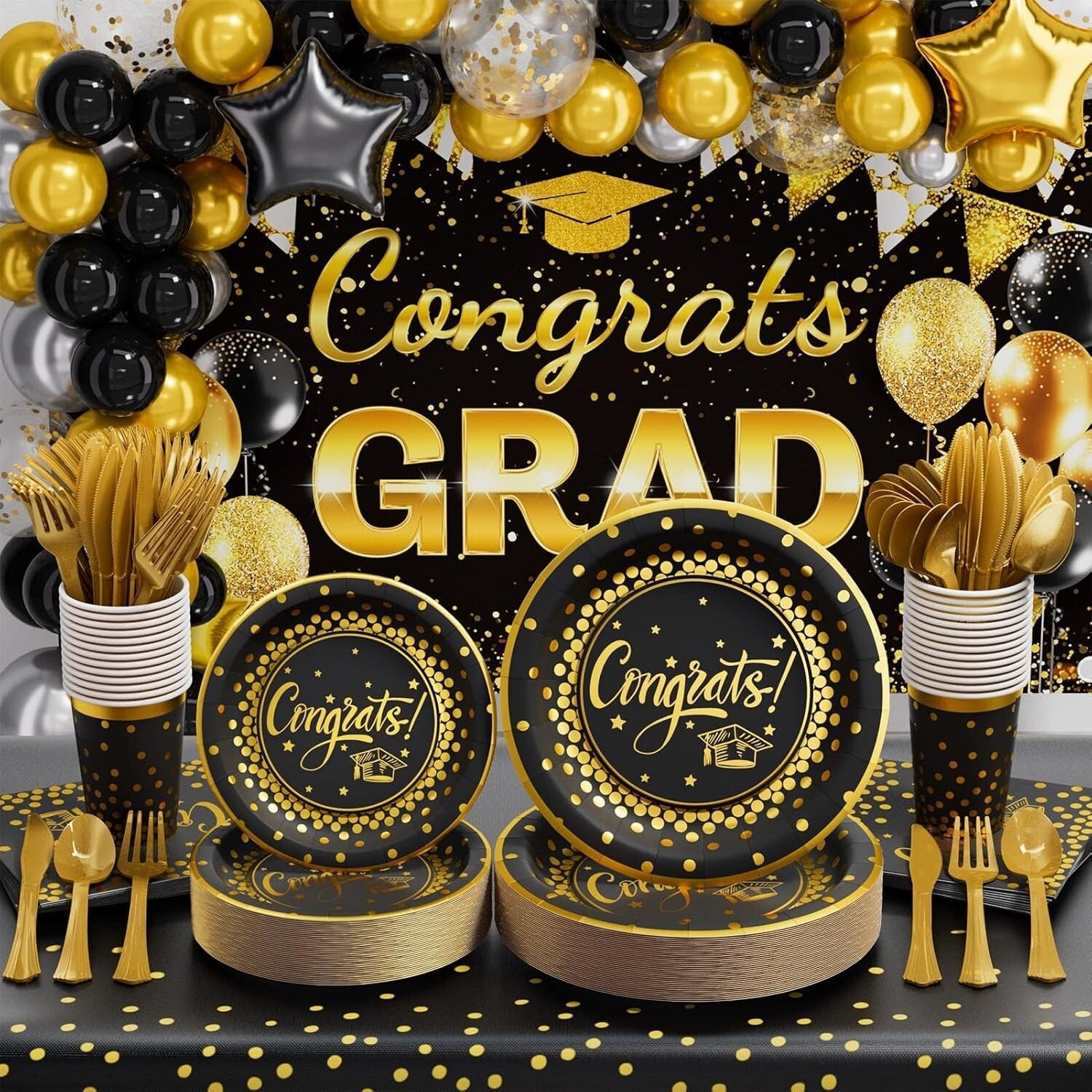 Elegant 245 PCS Black & Gold Graduation Decorations - Serves 25 Guests with Ease