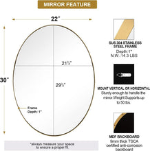 Load image into Gallery viewer, Brushed Gold Oval Mirror - Elegant 22x30'' Stainless Steel Bath Wall Mount
