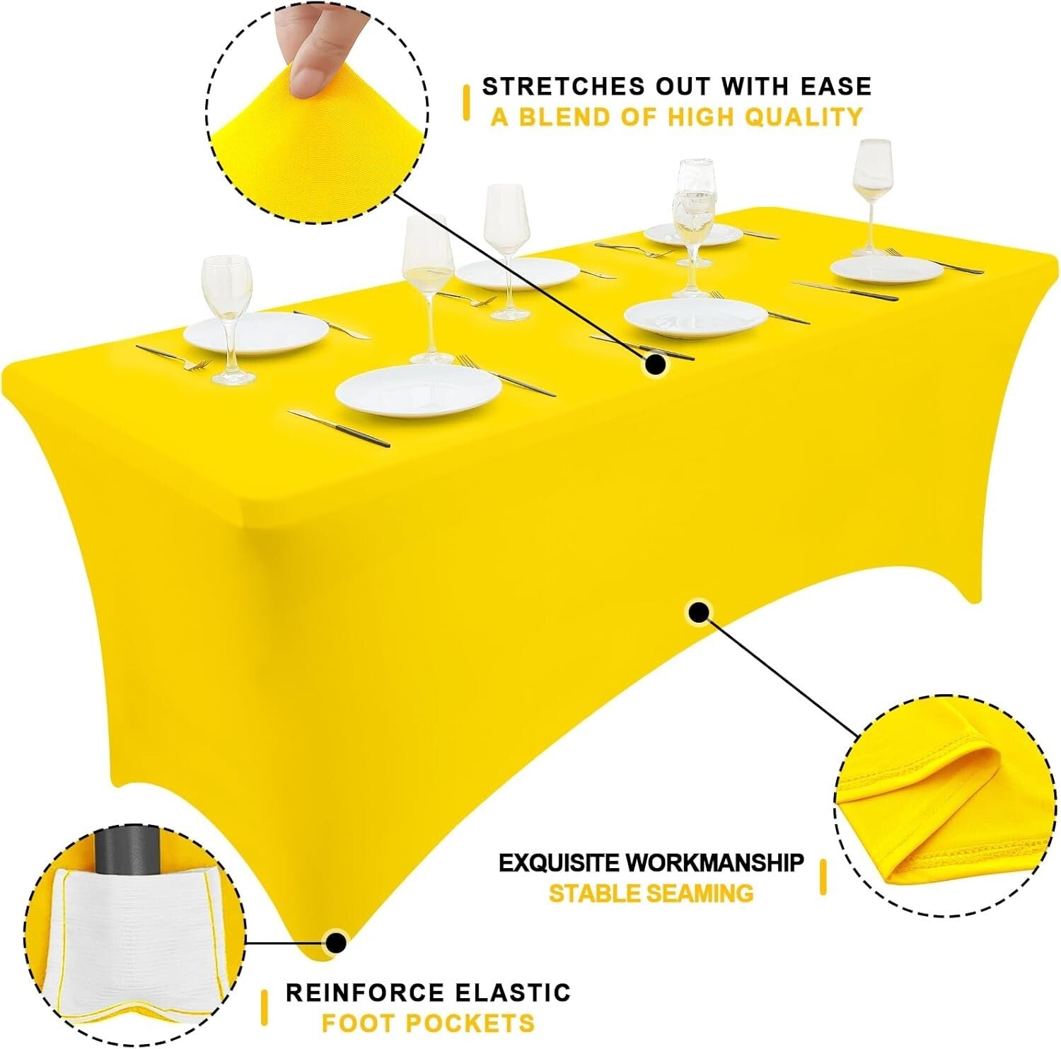 8FT Elastic Fitted Table Covers - 2 Pack Yellow Spandex for Weddings and Parties