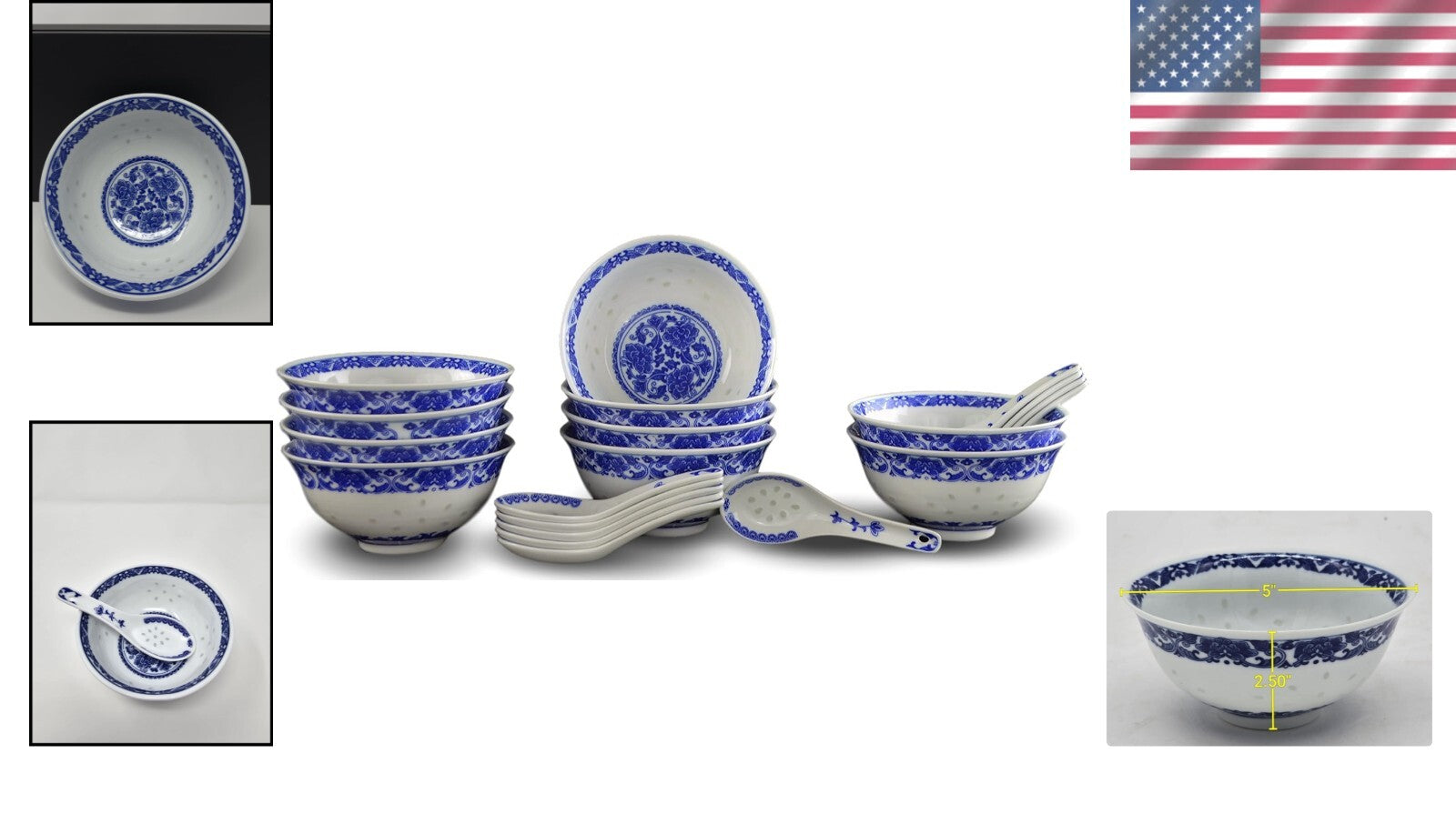 Elegant Blue & White Porcelain Bowls with Free Spoons - 10 pcs, 237ml Each