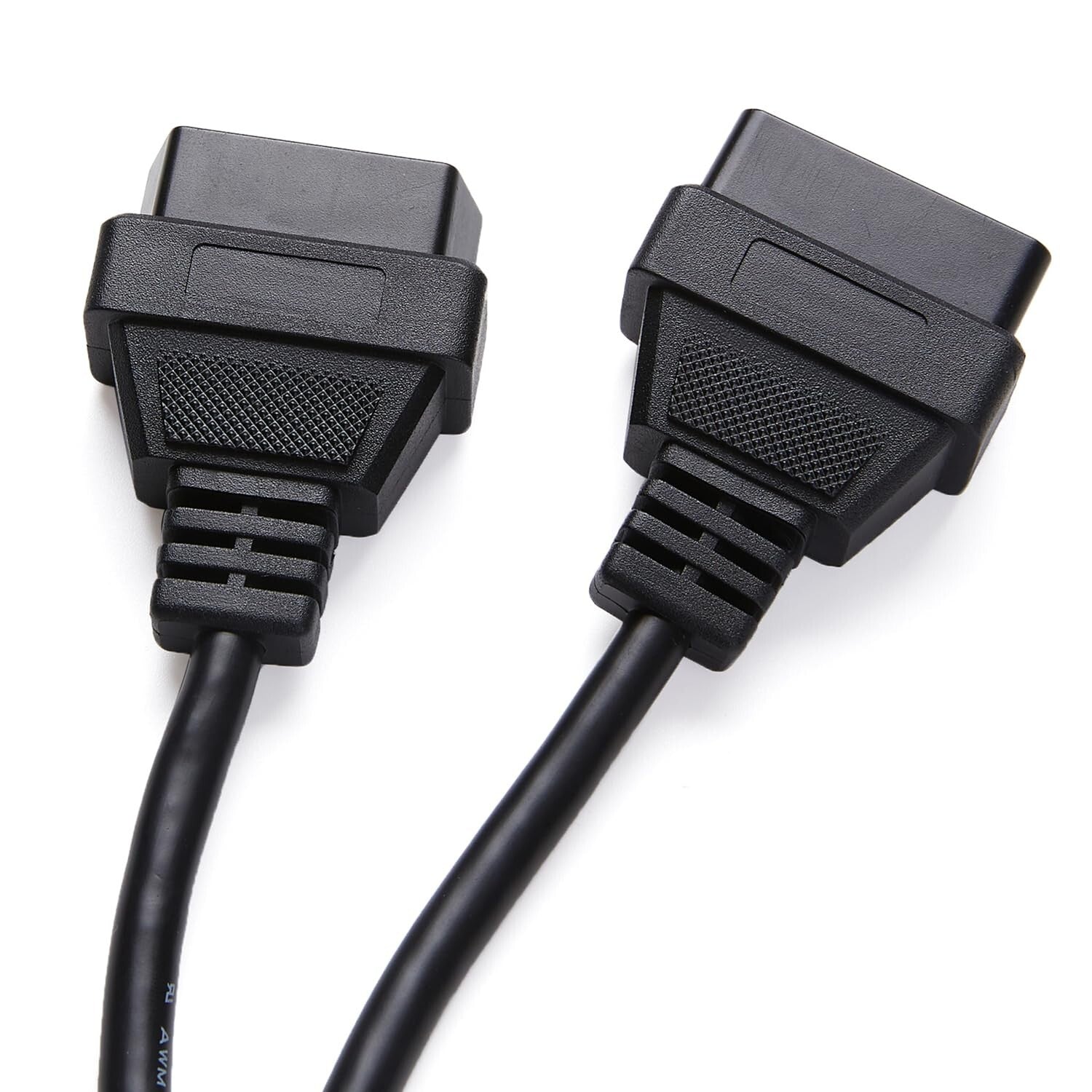 Compact 1FT Right Angle OBDII Y Cable - 16pin Male to Dual Extensions, 5-Pack