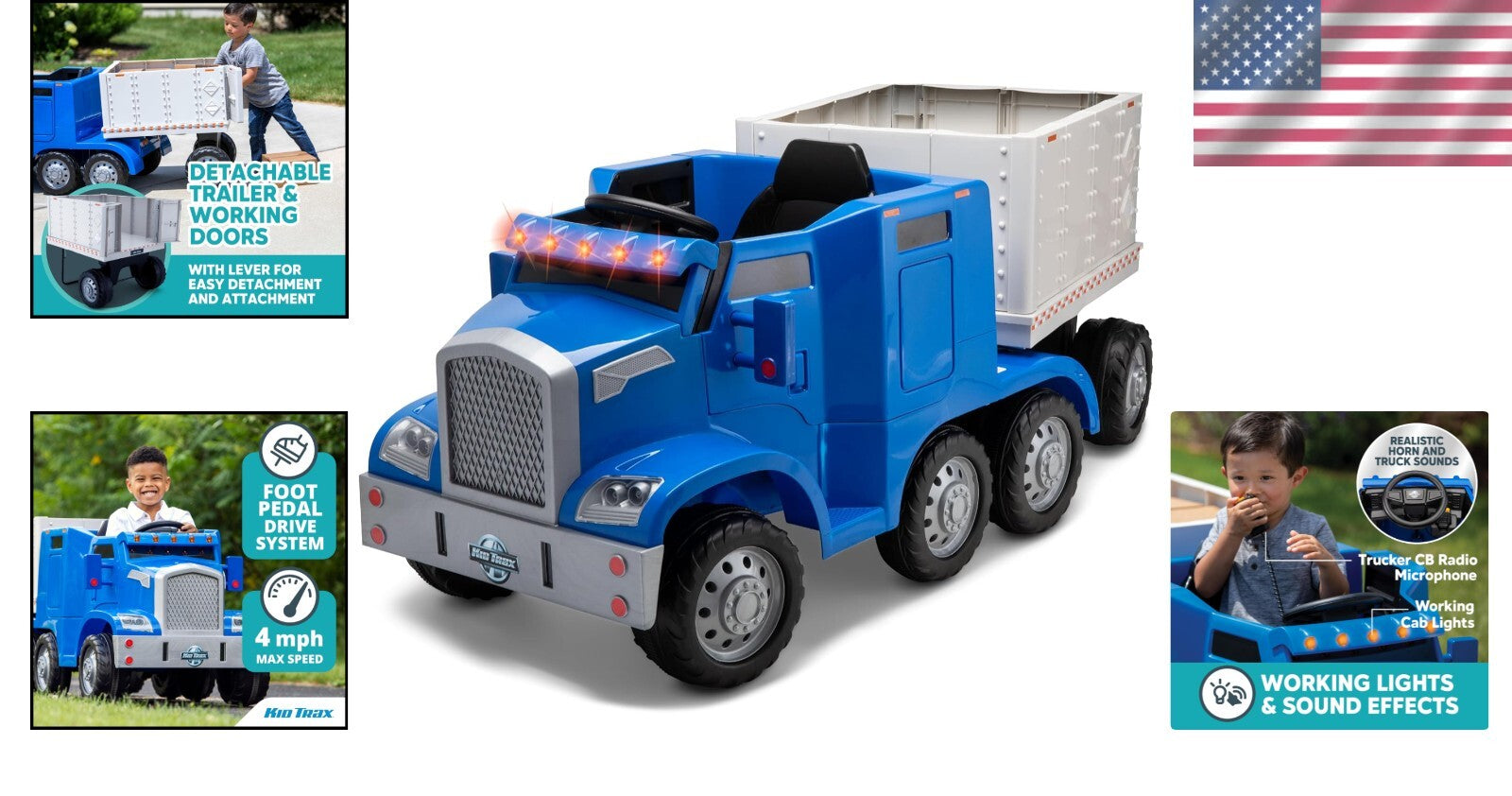 12V Kids Ride-On Semi-Truck with Detachable Trailer, Realistic Sounds & Lights