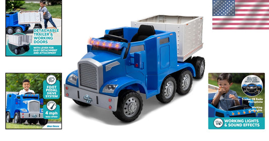 12V Kids Ride-On Semi-Truck with Detachable Trailer, Realistic Sounds & Lights