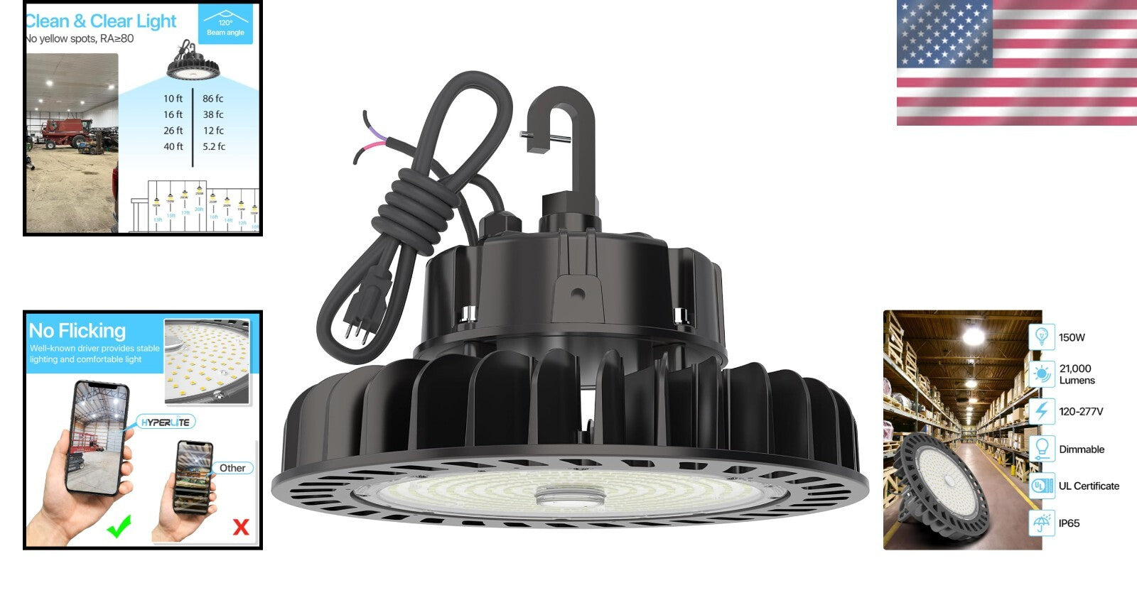 Efficient 150W High Bay Light with 21000lm Brightness - Easy Hook Installation
