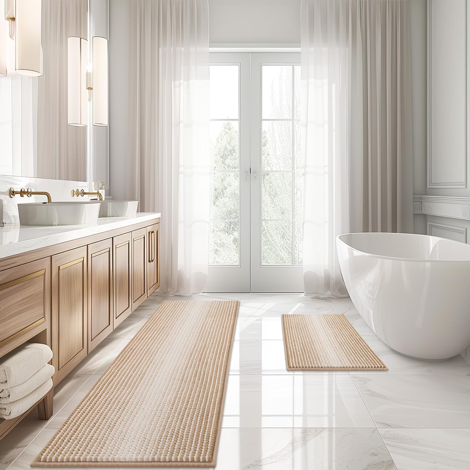 Thick Chenille Bath Mat Set in Beige - Non-Slip & Quick-Drying (20" x 60")