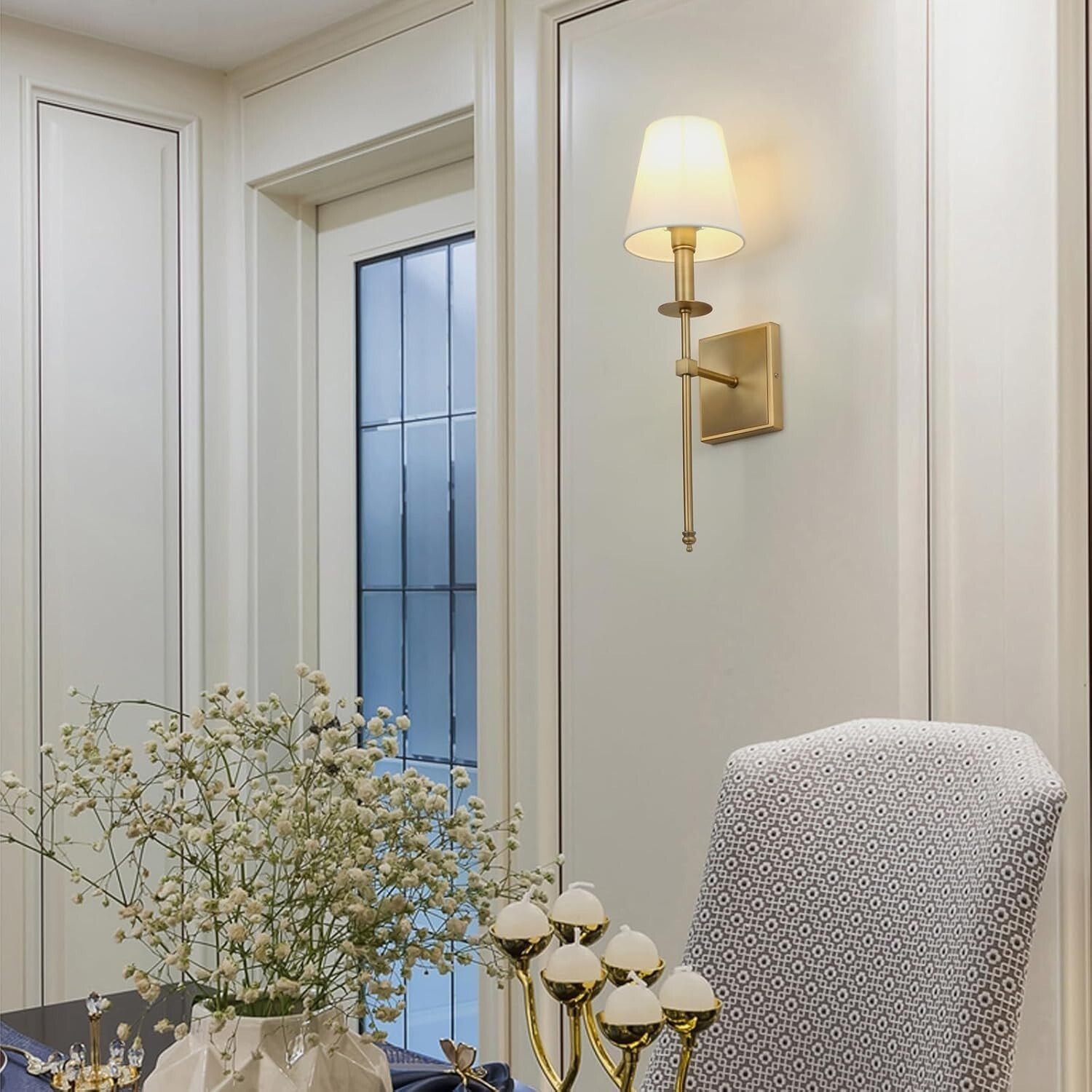 Classic Brass and White Fabric Wall Sconce Set for Living and Dining Rooms
