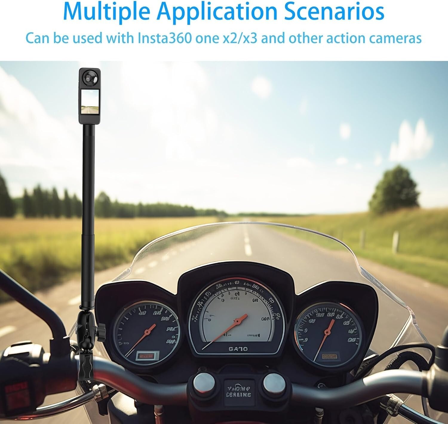 Motorcycle Handlebar Double Clamp Mount with 67" Selfie Stick for Action Cameras