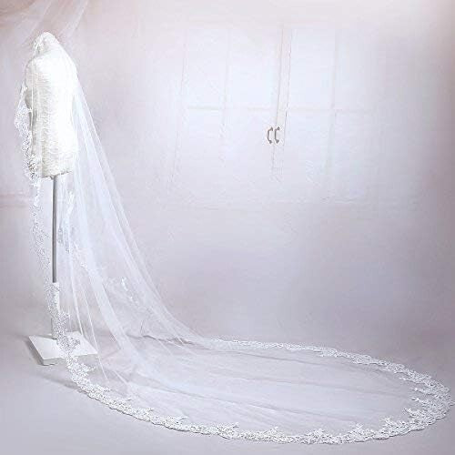 Premium Cathedral Length Tulle Veil with Lace Detailing - 106 Inches of Elegance