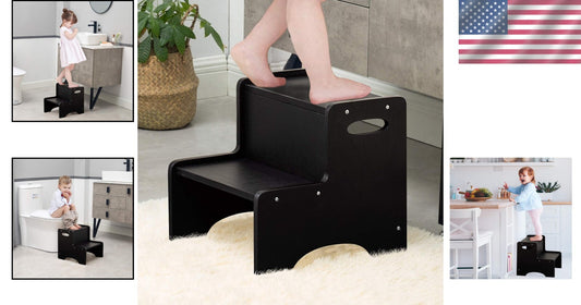 Natural Finish 2-Step Wooden Stool for Kids - Ideal for Bathrooms & Kitchens