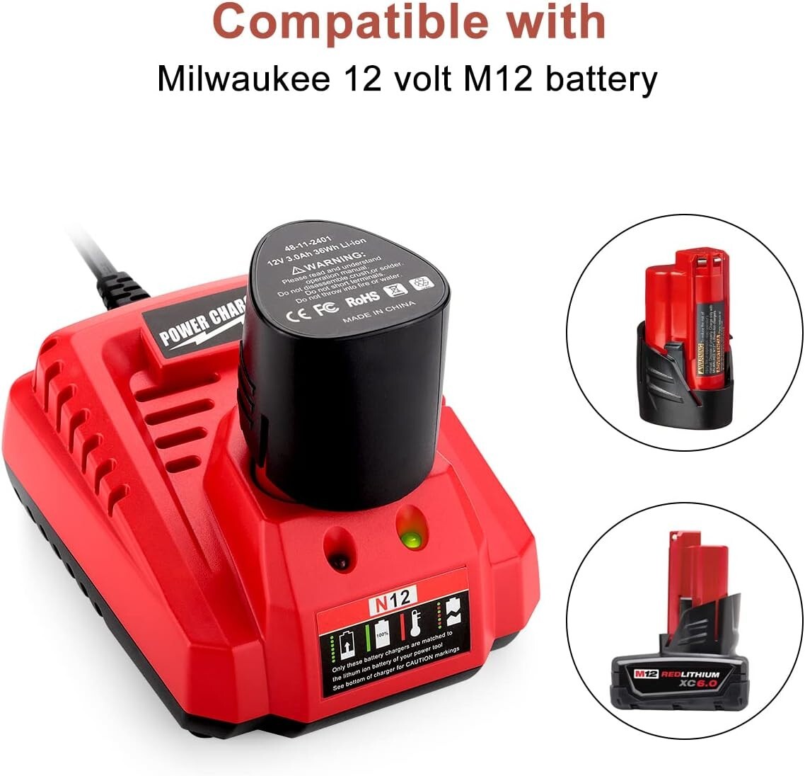 2 Pack 3500mAh Milwaukee M12 Lithium Batteries with Rapid Charger - 12V Power