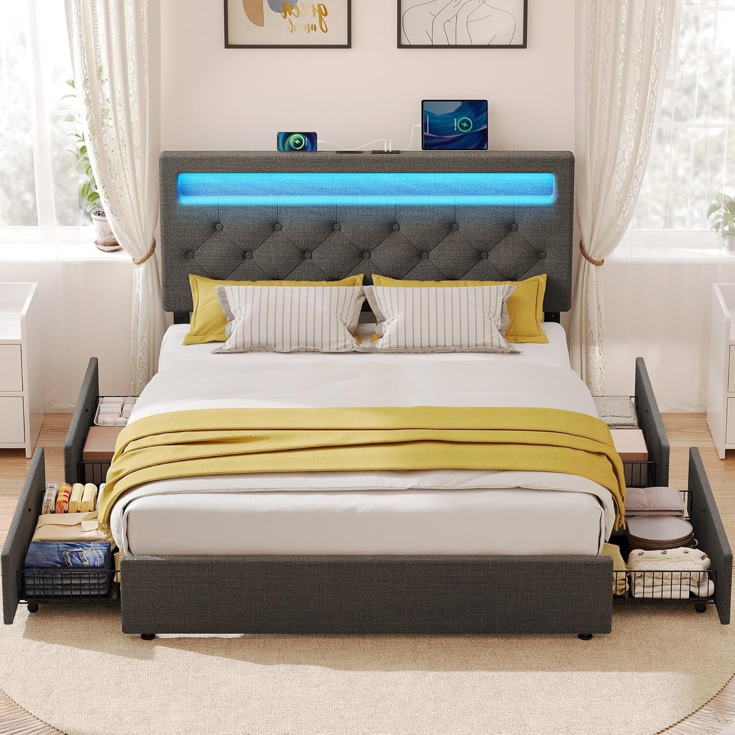 Full Size Bed Frame with USB Charging & LED Lights - 4 Storage Drawers Included