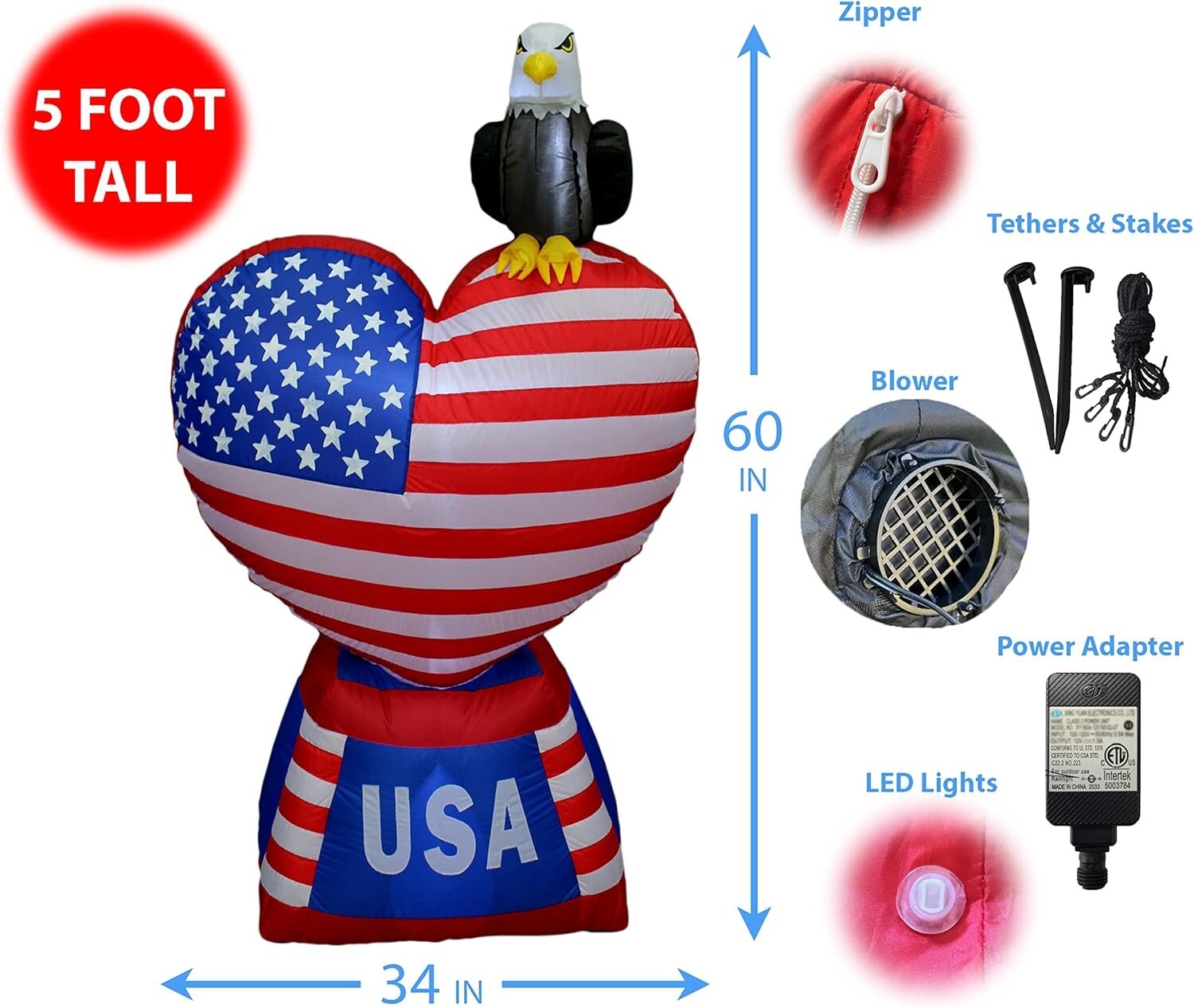 Celebrate July 4th with 5 Ft Inflatable Love Heart & Eagle, LED Lit Decoration