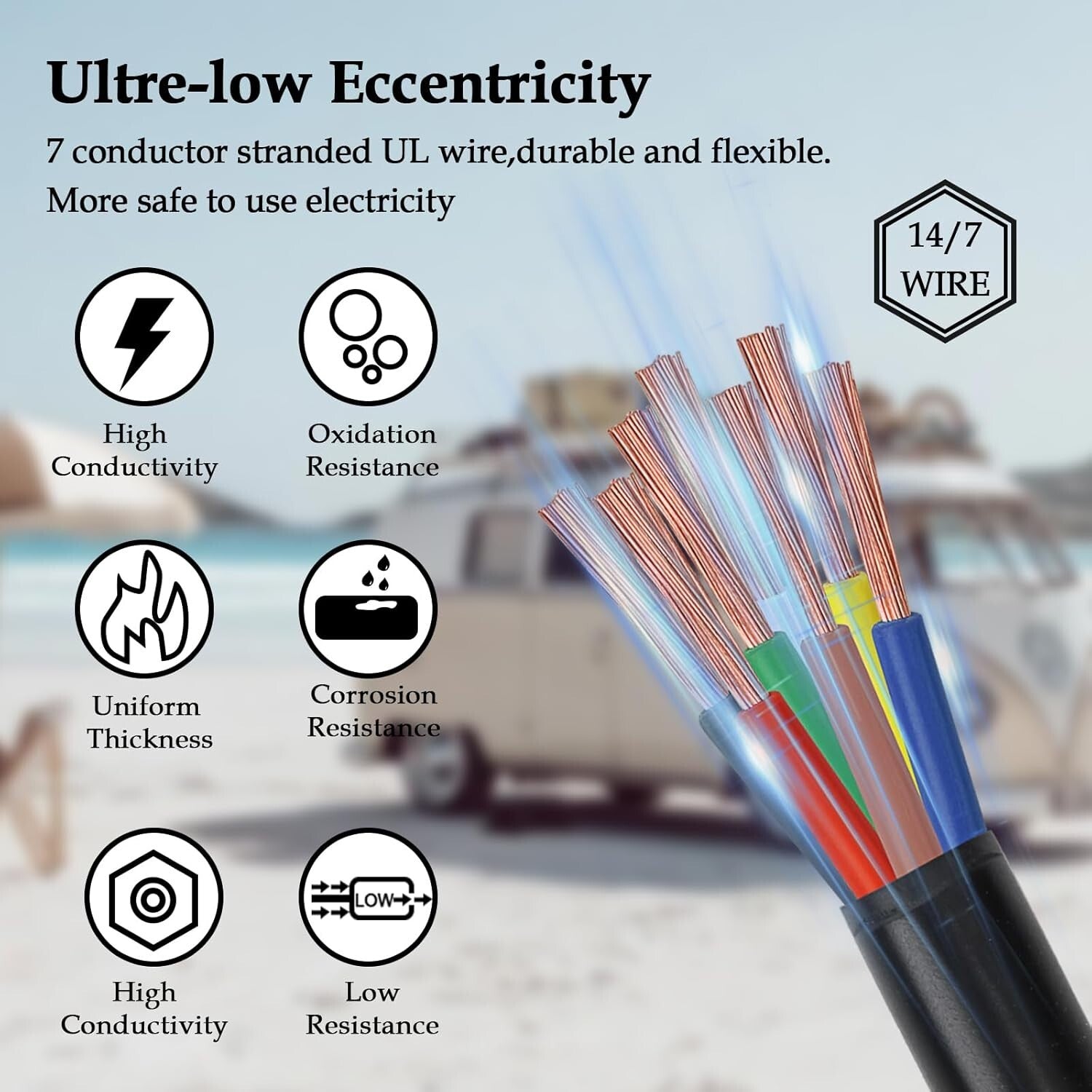 Durable 7 Conductor 14 Gauge Copper Wire - Color-Coded 100FT Automotive Cable