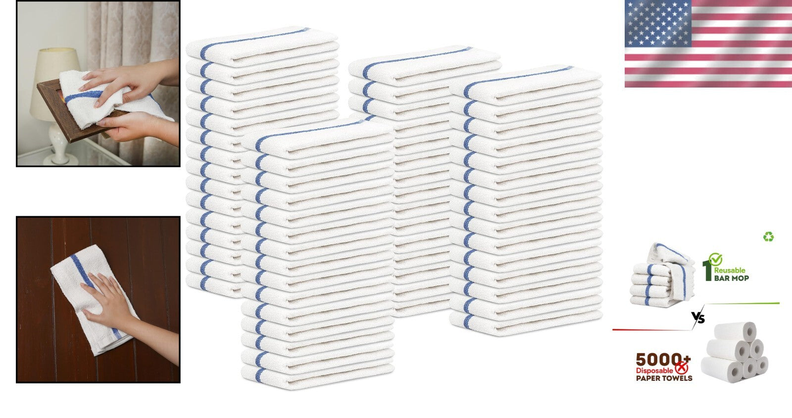 16x19 Pack of 60 Blue Stripe Bar Mop Cloths - Perfect for Home & Restaurants
