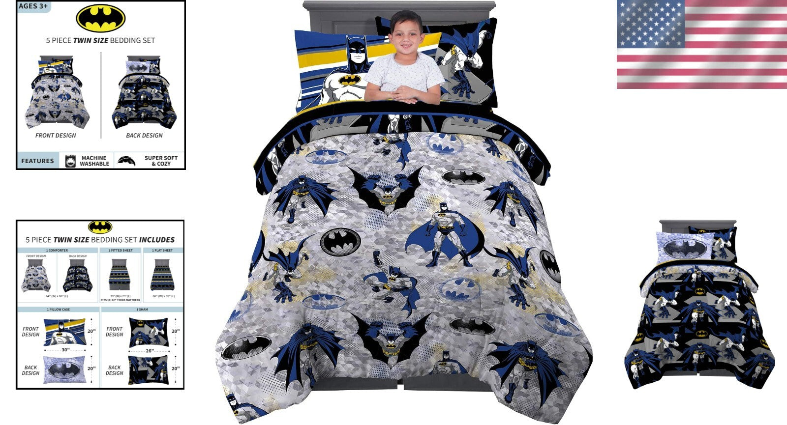 5 Piece Batman Microfiber Twin Bedding Set - Cozy Sheets and Comforter for Kids