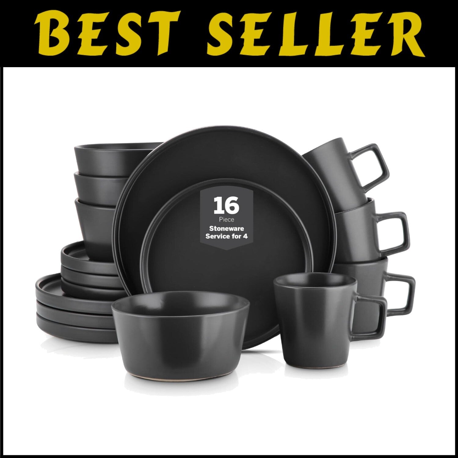 Chic 16-Piece Black Matte Dinnerware Set with Ergonomic Mugs - Durable Stoneware