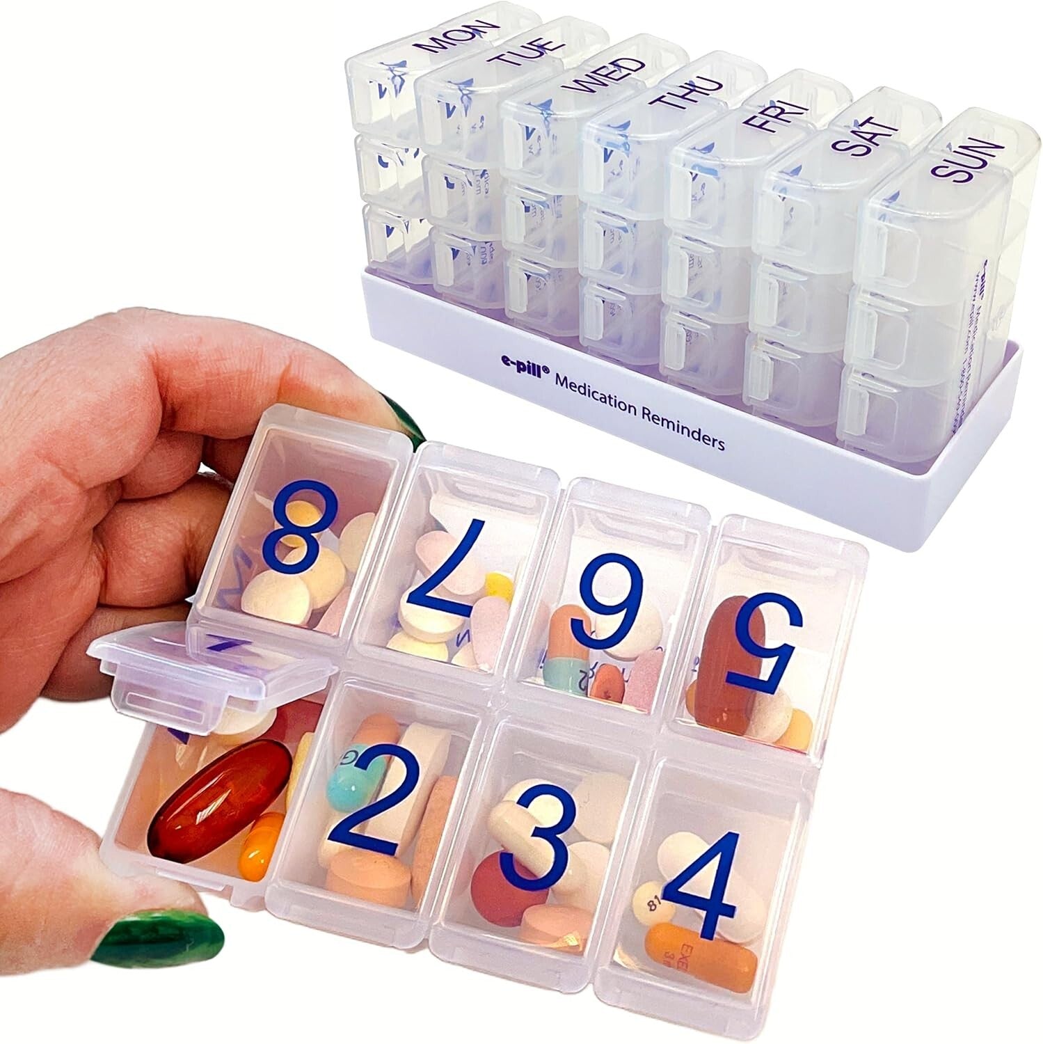 8x7 Large Weekly Pill Organizer - 56 Compartment Clear Pillbox for Travel & Home