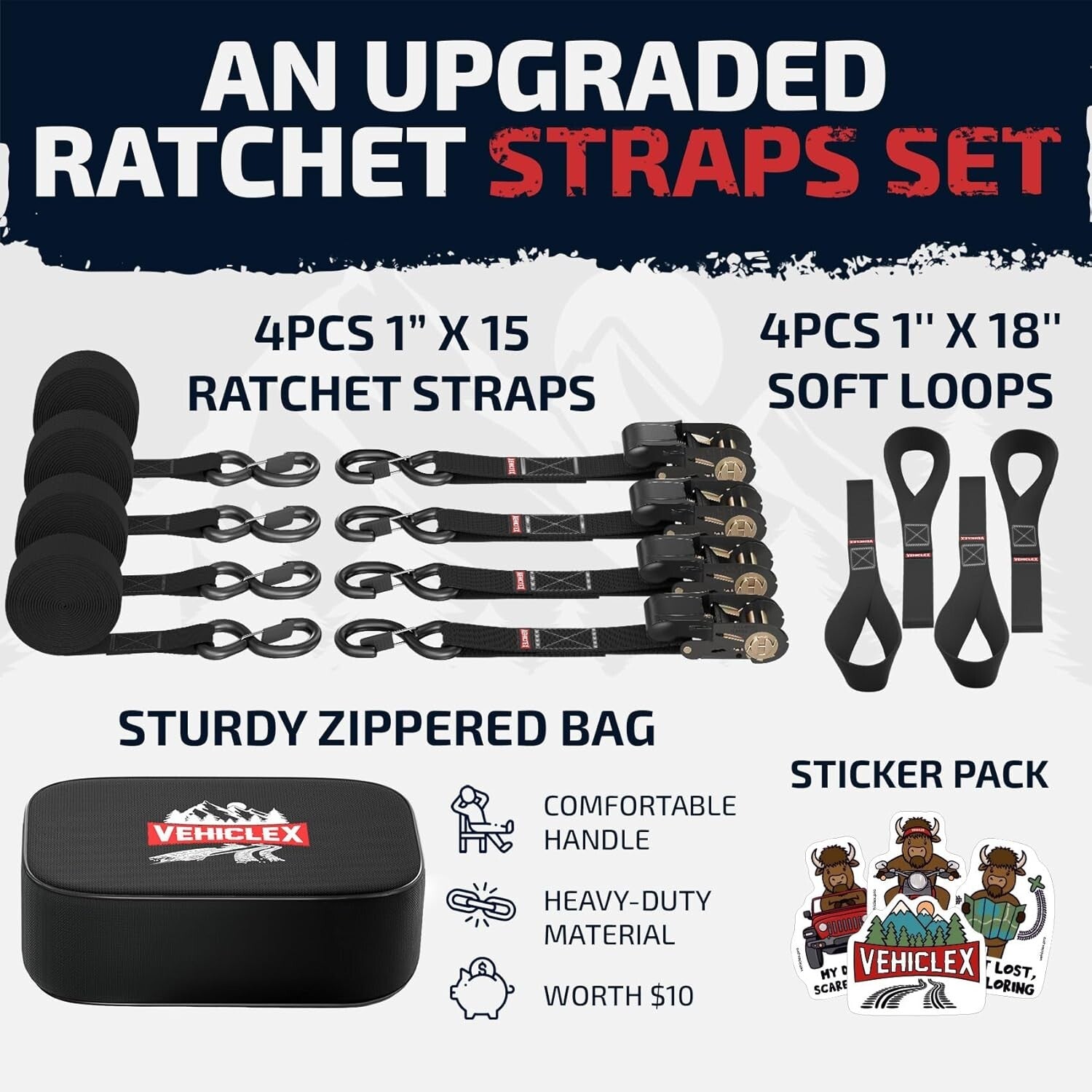 Durable 1" x 15' Ratchet Tie-Down Straps - 2200lbs Capacity for Safe Transport