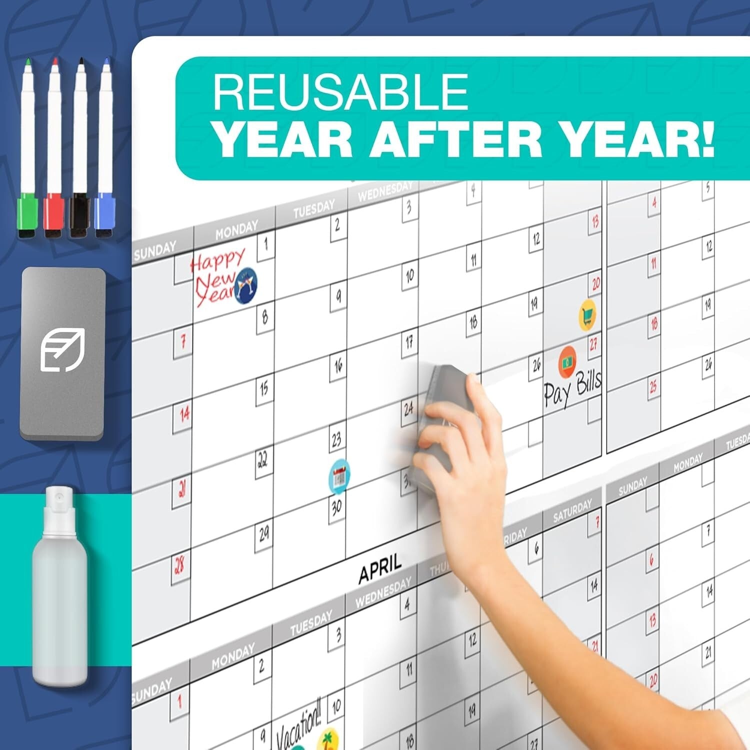 Expansive 2025 Undated Dry Erase Calendar - Ideal for Home, Office & Classroom