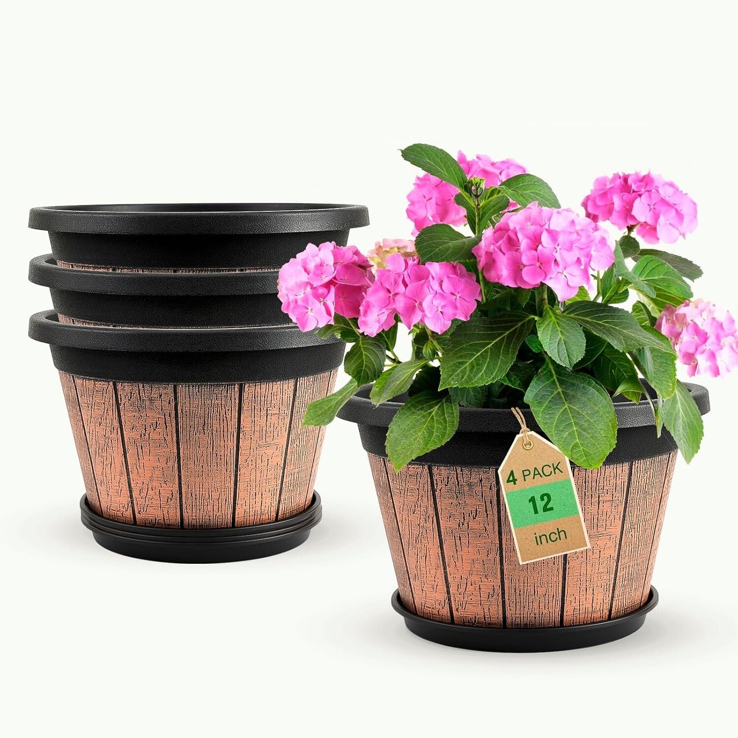 12-Inch Whiskey Barrel Plant Pots - Outdoor & Indoor Planters with Trays