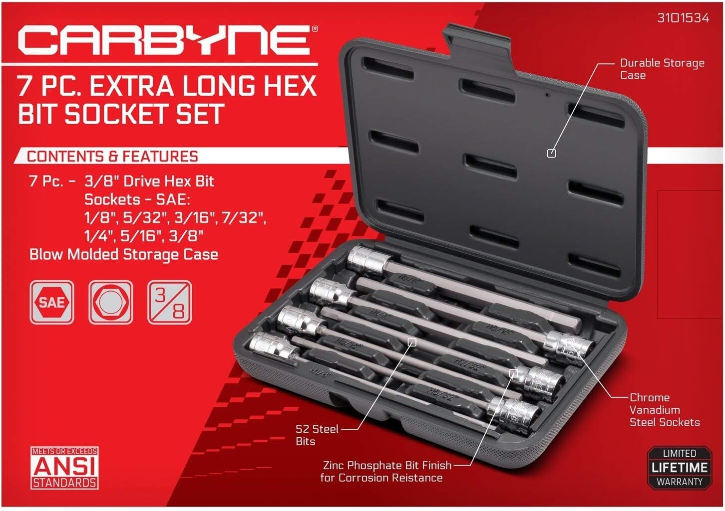 Durable 7-Piece SAE Hex Bit Socket Set, 3/8” Drive & Corrosion Resistant Finish