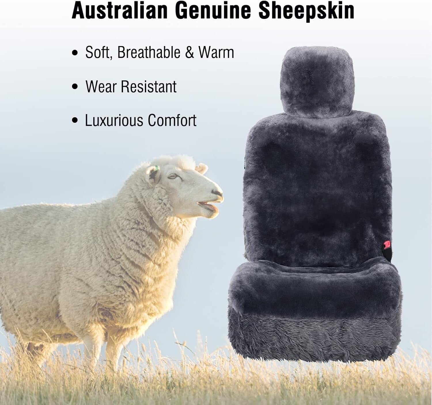 Easy Fit Universal Charcoal Sheepskin Front Seat Cover with Storage Pocket