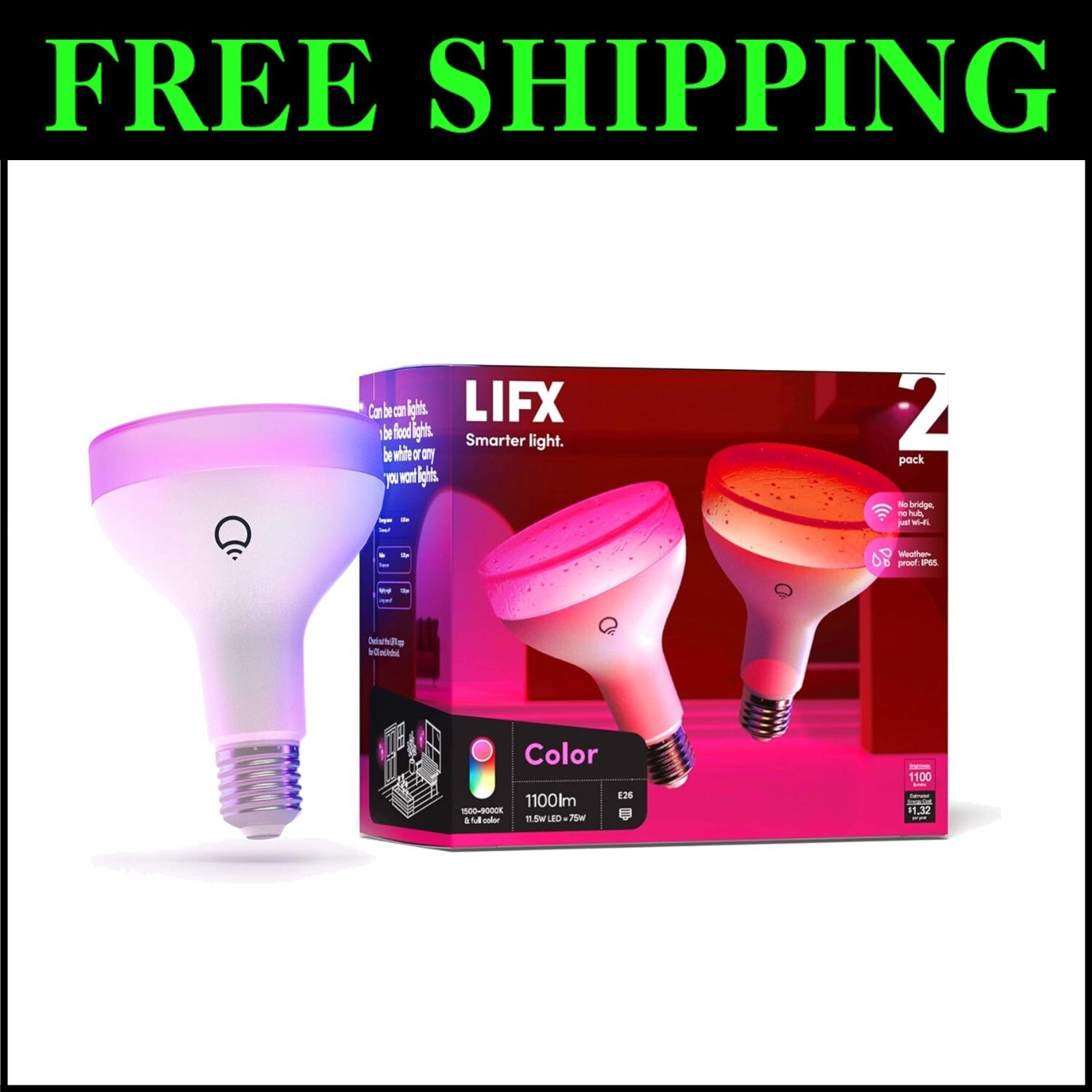 Weatherproof Smart BR30 LED Light Bulbs, 1100 Lumens, Dimmable, Indoor/Outdoor