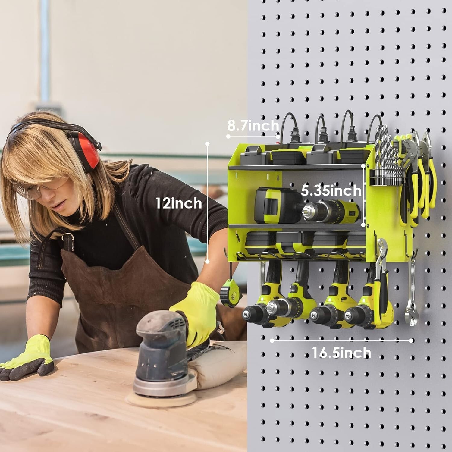 Efficient Power Tool Wall Organizer with 4 Slots, Hooks, and Surge Protection