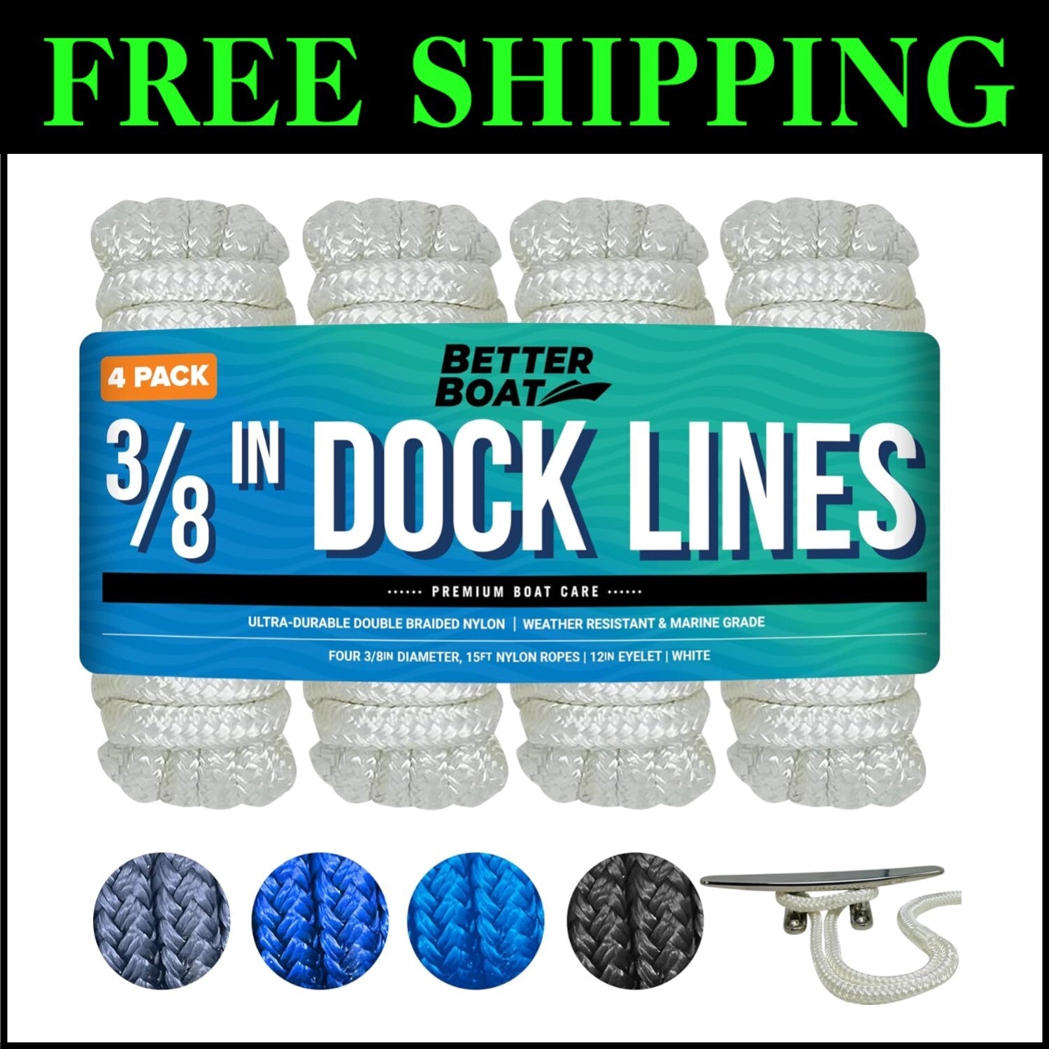 4 Pack 3/8" Double Braided Nylon Boat Dock Lines - 15ft Weather Resistant