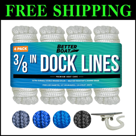 4 Pack 3/8" Double Braided Nylon Boat Dock Lines - 15ft Weather Resistant