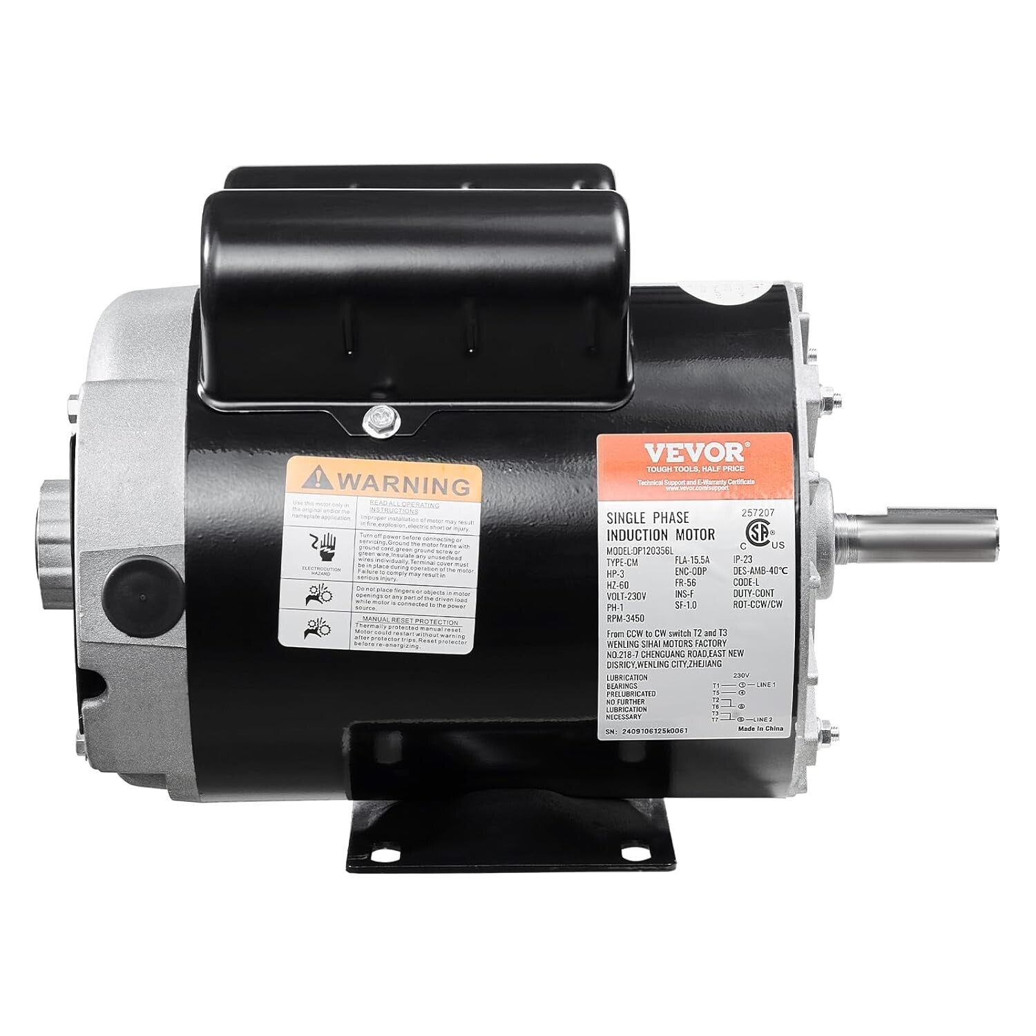 High Efficiency 3HP Compressor Motor - 3450 RPM with Keyed Shaft for Air Tools