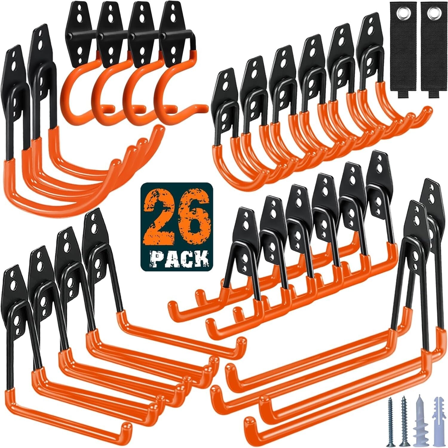 Versatile 26-Pack Wall-Mounted Garage Hooks with Anti-Slip & Rust-Free Finish