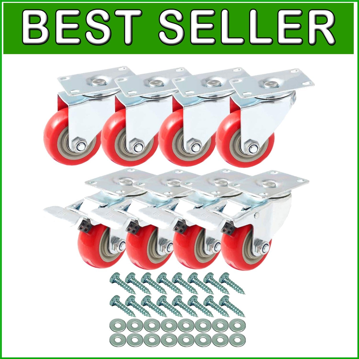 8-Pack 3-Inch Caster Wheels with Brakes - Red Polyurethane for Furniture & Cart