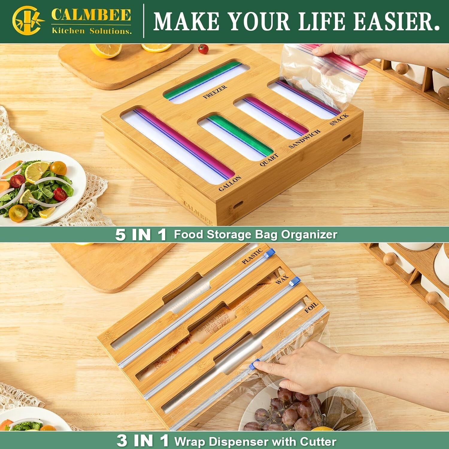 Elegant Bamboo Kitchen Storage Organizer with Slide Cutter & Labels Included