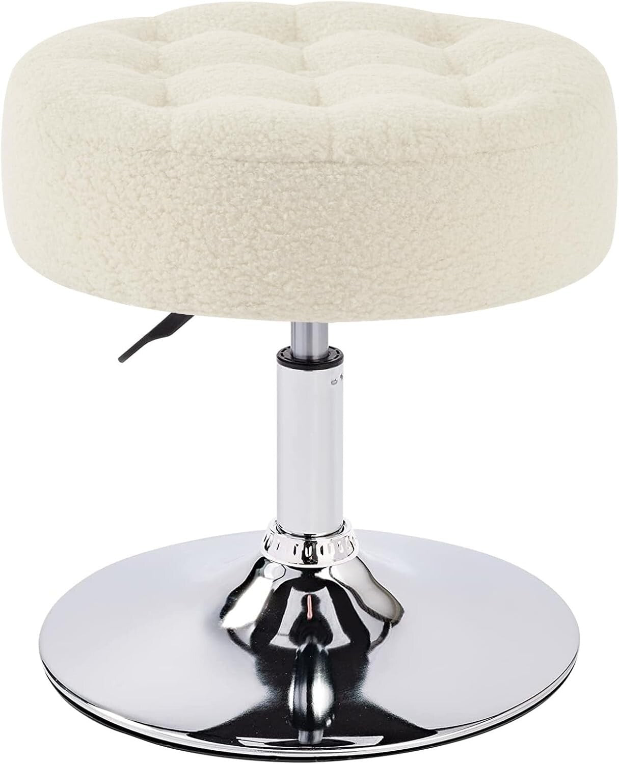Elegant Round Makeup Vanity Stool - Adjustable Ivory White Faux Fur Ottoman