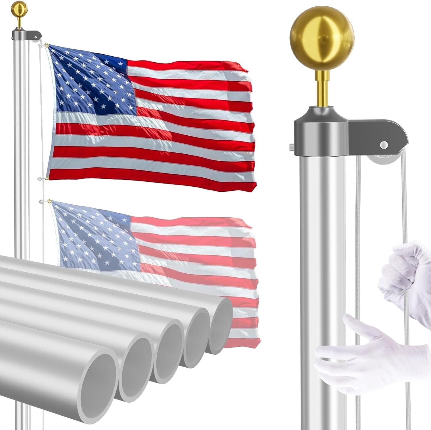20 FT Heavy Duty Aluminum Flag Pole Kit with 3x5 American Flag - Silver Finish